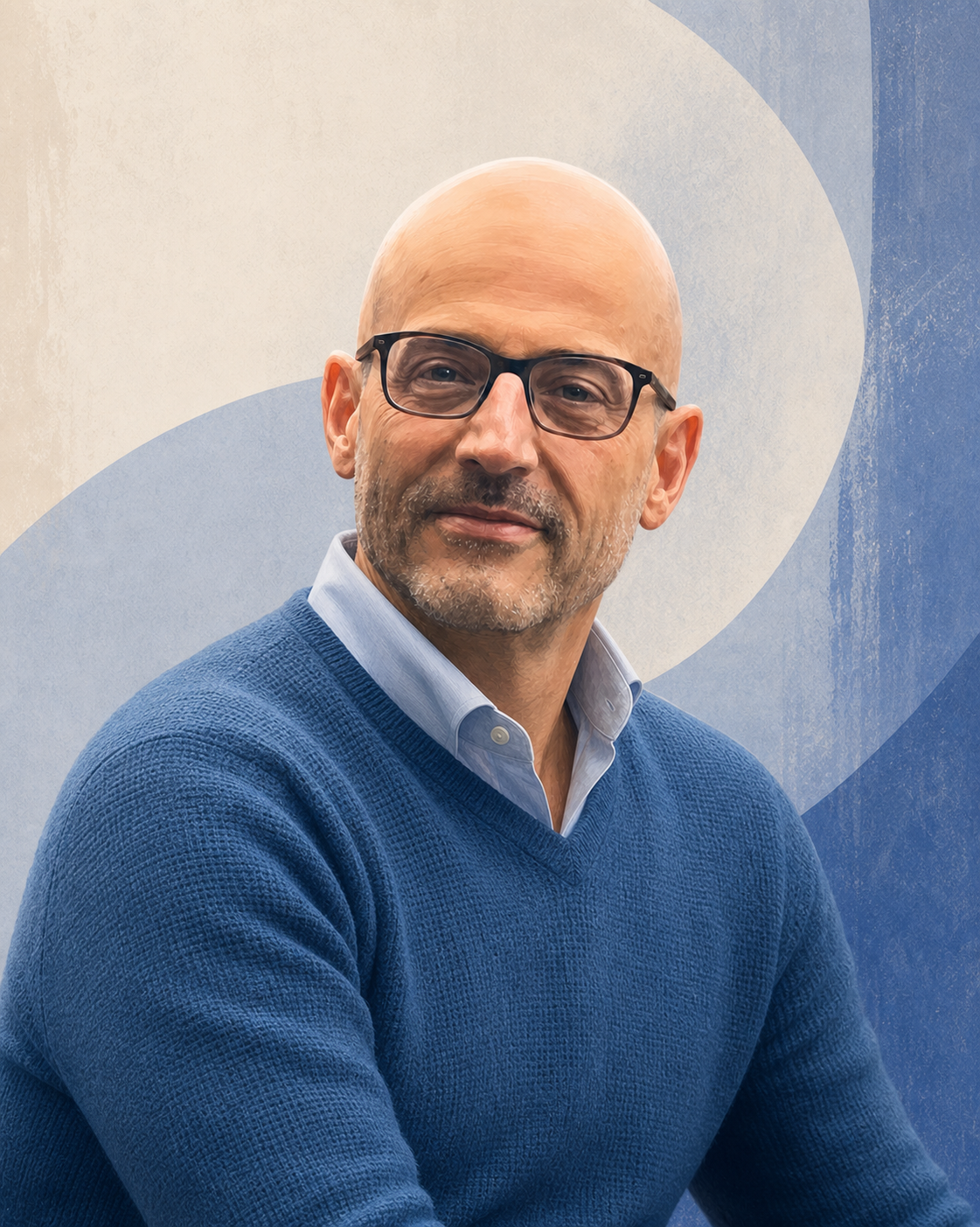 Professional painted portrait of Claudio Fiorani in a blue sweater, seated at an angle