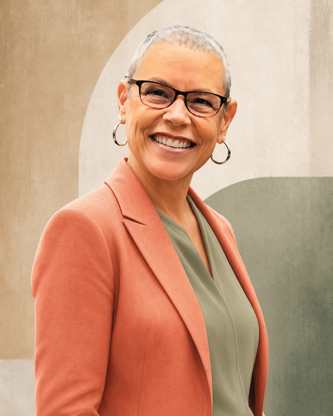 Professional painted portrait of Susan Fiorani in a coral jacket, standing at an angle