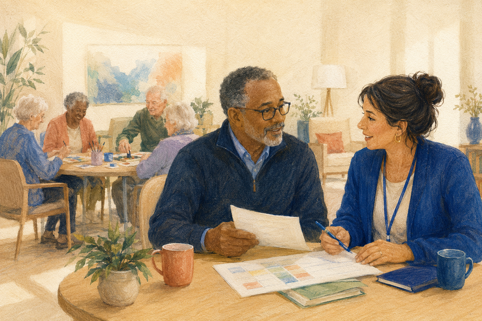 An activity director and BrainingUP™ facilitator discussing a program plan
